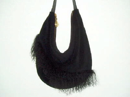 Black Suede Handbag with Mongolian Lamb Trim